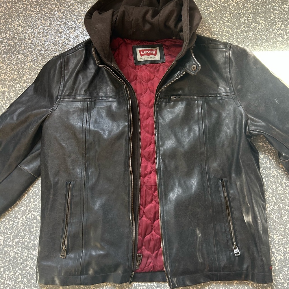 Levi's Black Leather Bomber Jacket with Red Lining